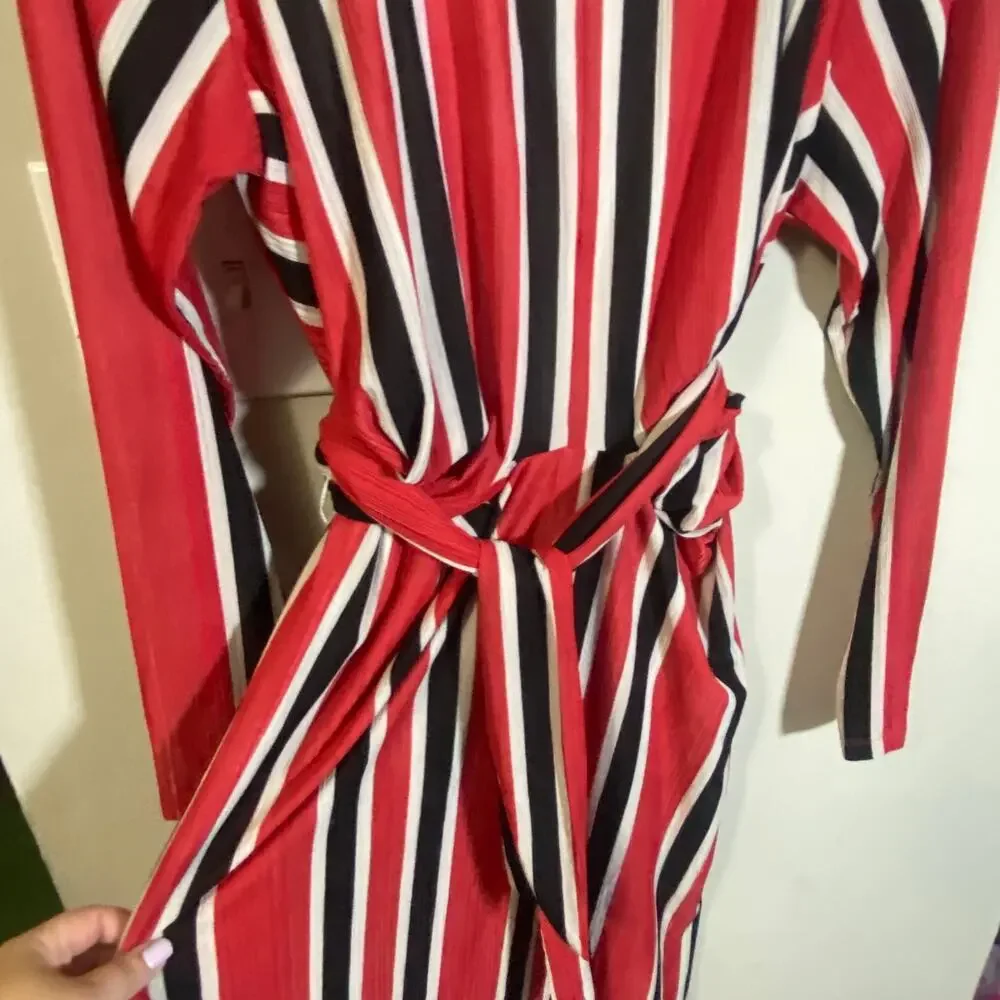 Eloquii Striped Ottoman Tie Back Red Black White Striped Midi Dress Sz 14/16**